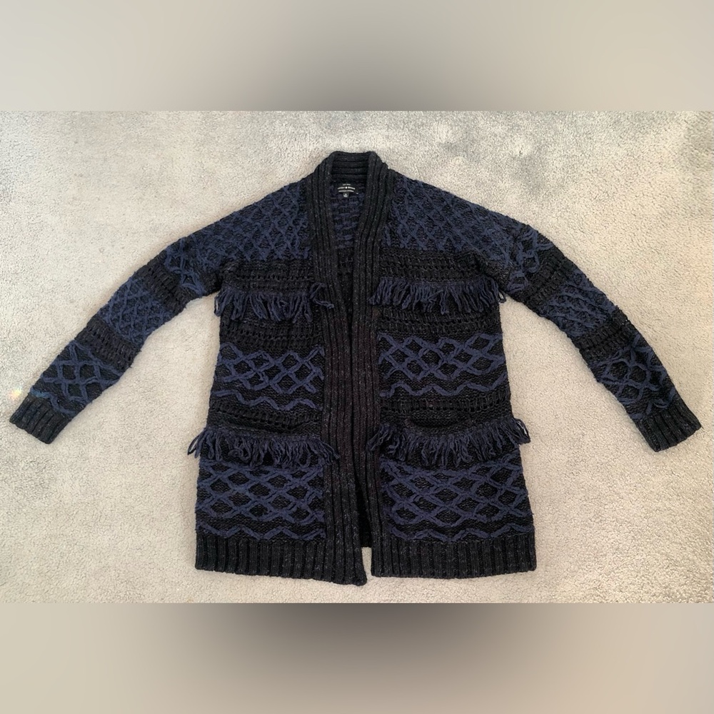 New nwot Lucky Brand boho spring navy black open cardigan cottton acrylic S Sml
